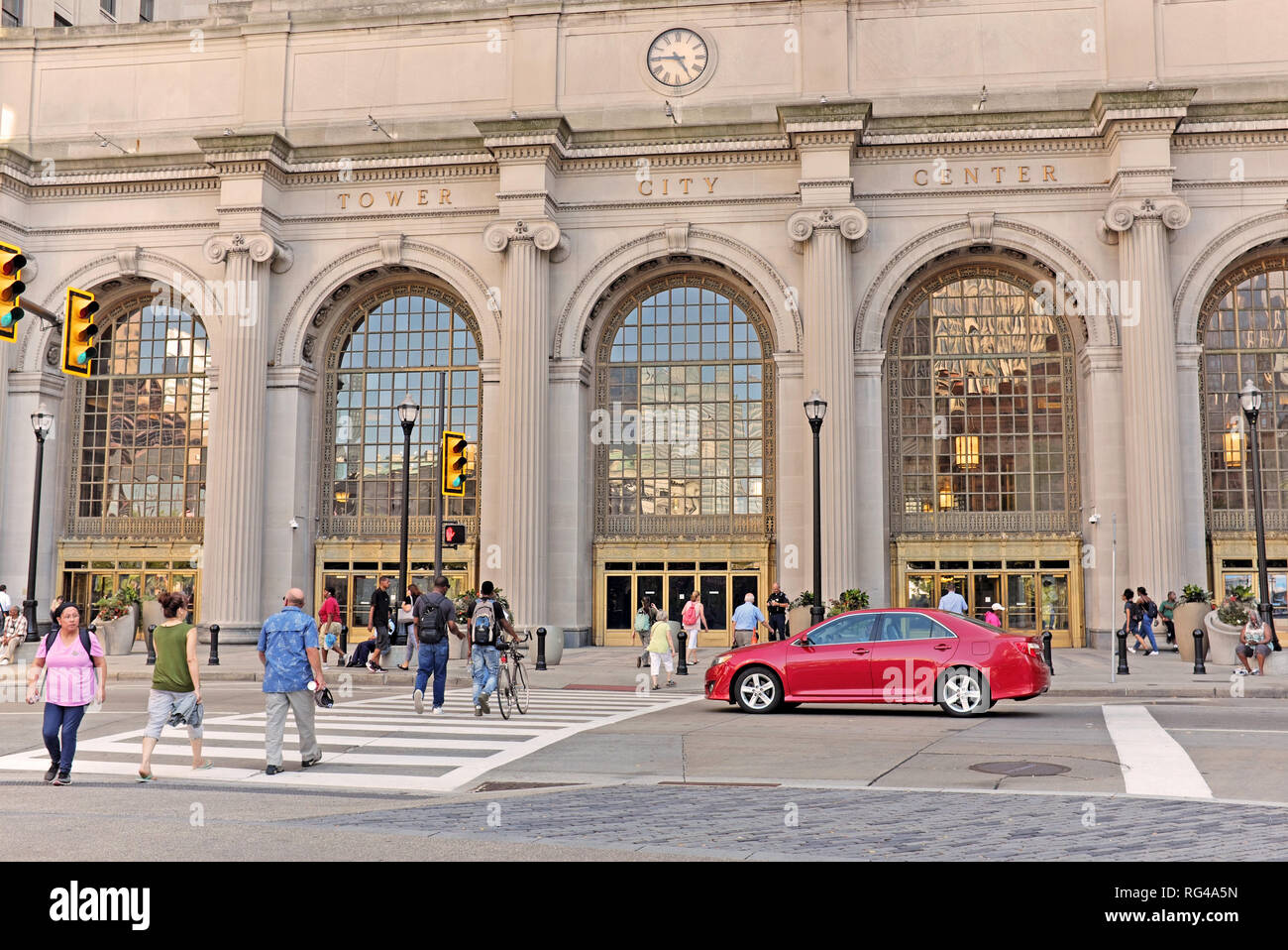 Pedestrian traffic on Public Square in front of Tower City Center in downtown Cleveland, Ohio, USA during the summer. Stock Photo