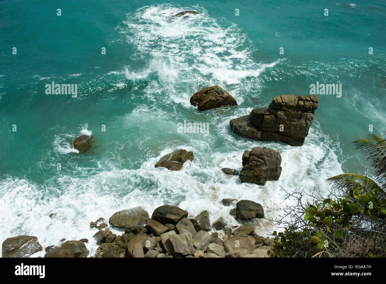 Rocks and turquoise water from above. Coastal views of Tayrona Park, Colombia. Sep 2018 Stock Photo
