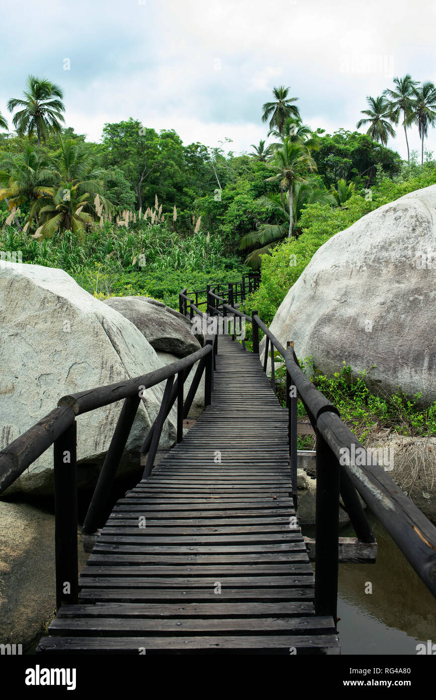 Vertical view of tourist walkway along giant stones and tropical forest. Tayrona National Park, Colombia. Sep 2018 Stock Photo