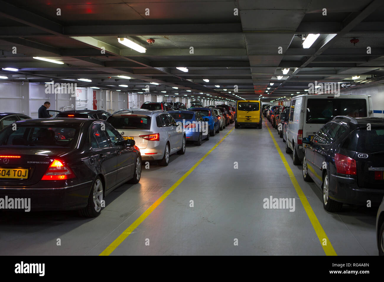 The car deck of the DFDS Car Ferry 'Dunkirk Seaways' car ferry. Stock Photo