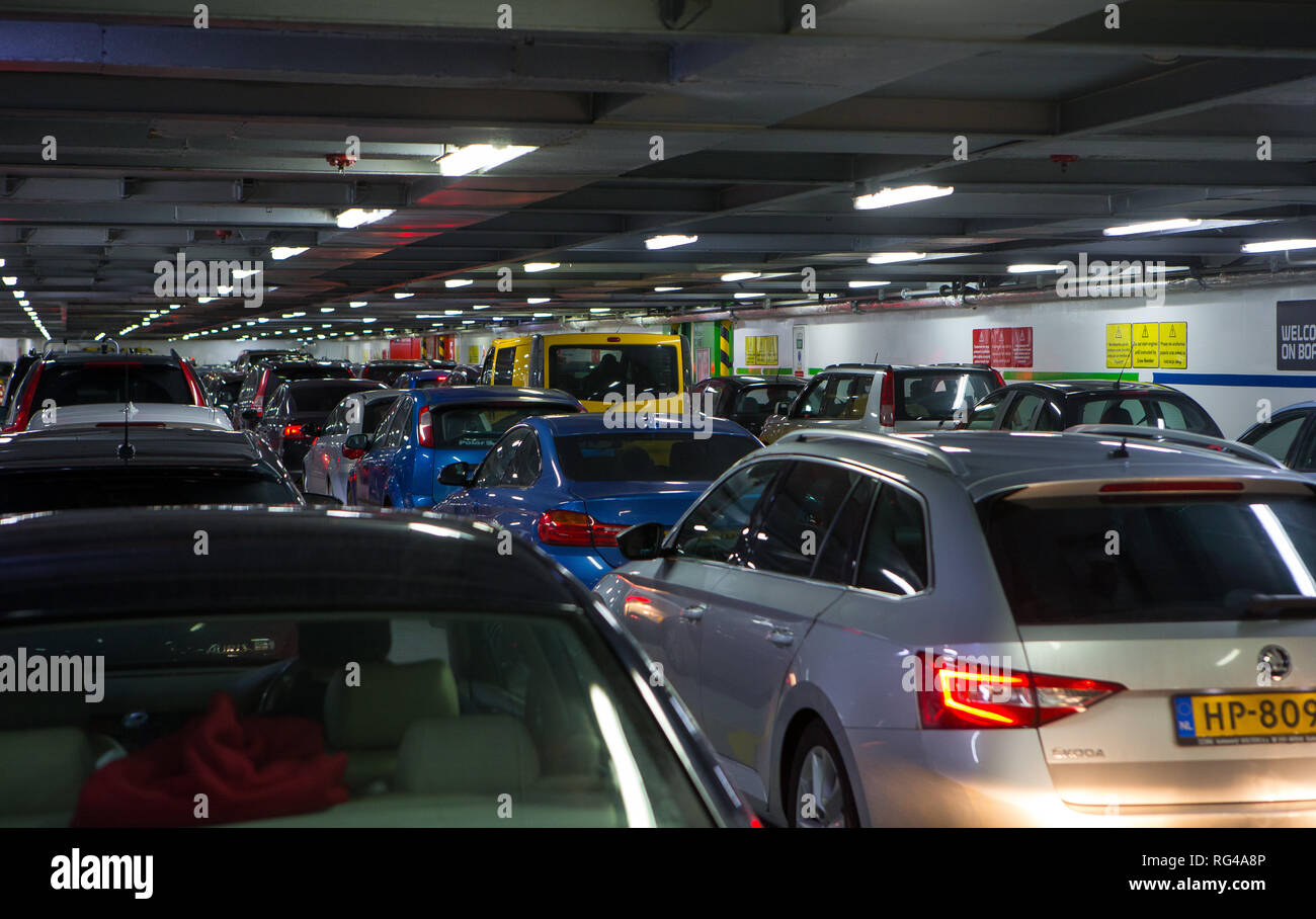 The car deck of the DFDS Car Ferry 'Dunkirk Seaways' car ferry Stock