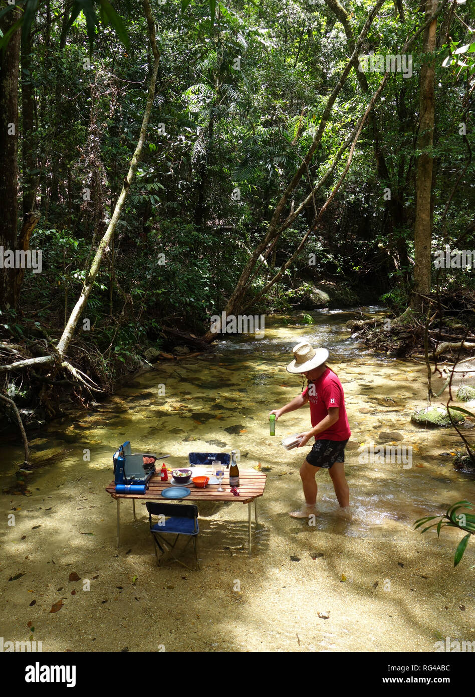 Picnic table with BBQ set up in rainforest creek, Dinden National Park, near Cairns, Queensland, Australia. No MR or PR Stock Photo