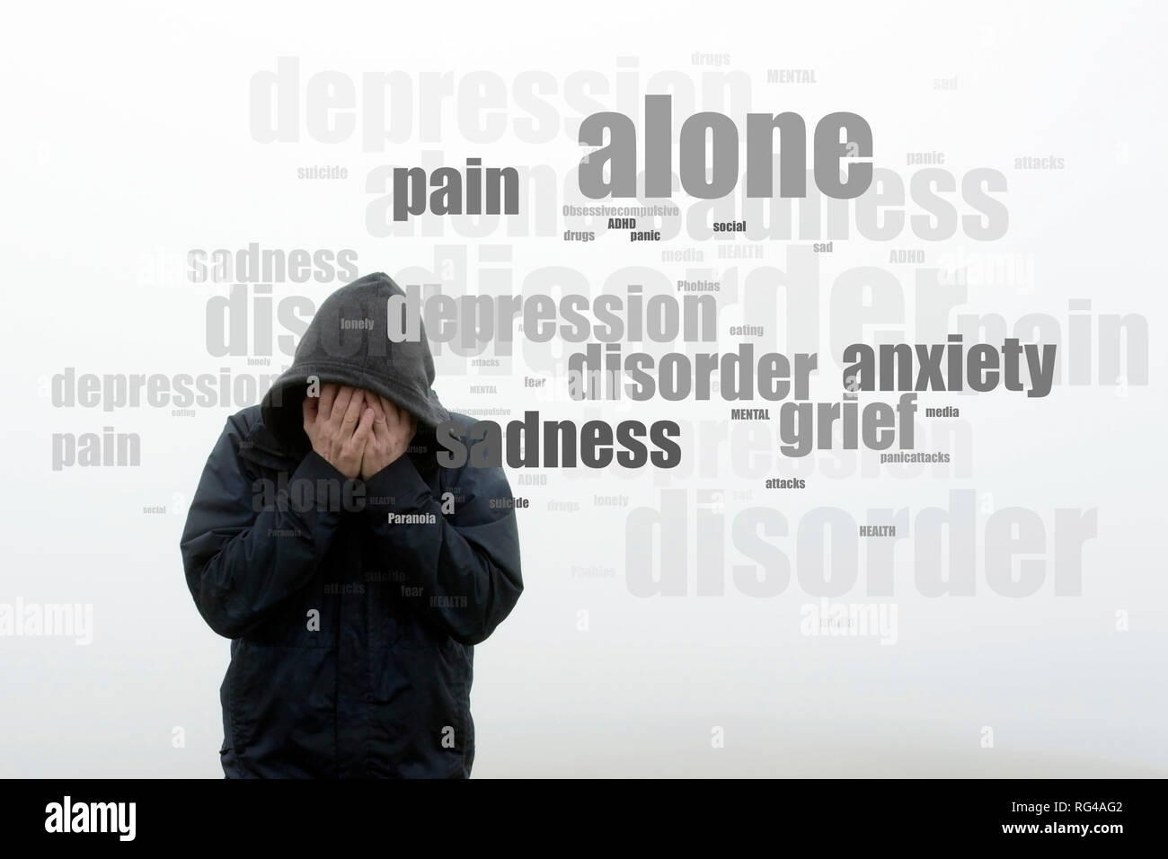 A hooded man holding his head in his hands. With a word cloud of mental health issues. On a plain white background. Stock Photo