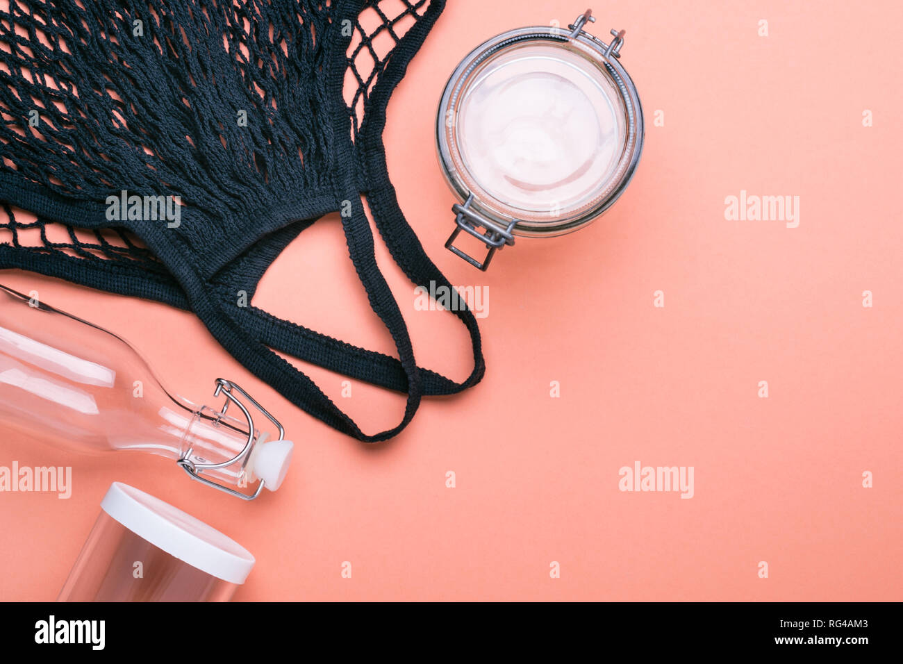Set of jars and bag for zero waste shopping. Stock Photo