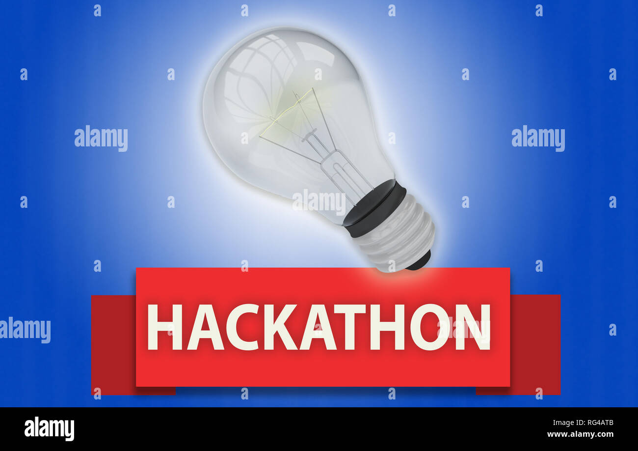 Colorful HACKATHON concept with red text banner and 3d rendered domestic light bulb, isolated with a glow around it over a blue background Stock Photo