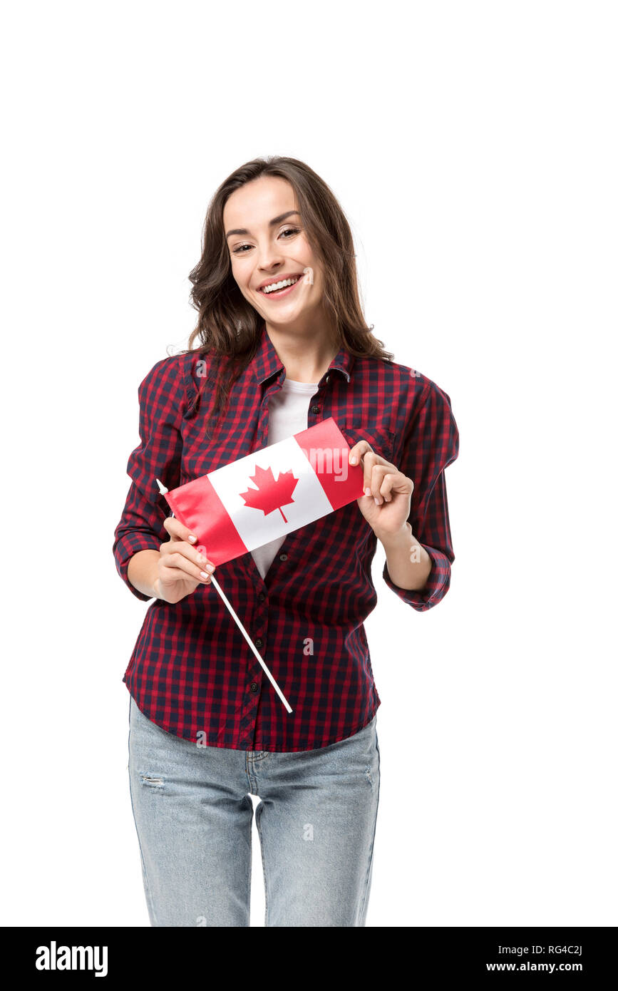 happy woman holding canadian flag isolated on white Stock Photo - Alamy