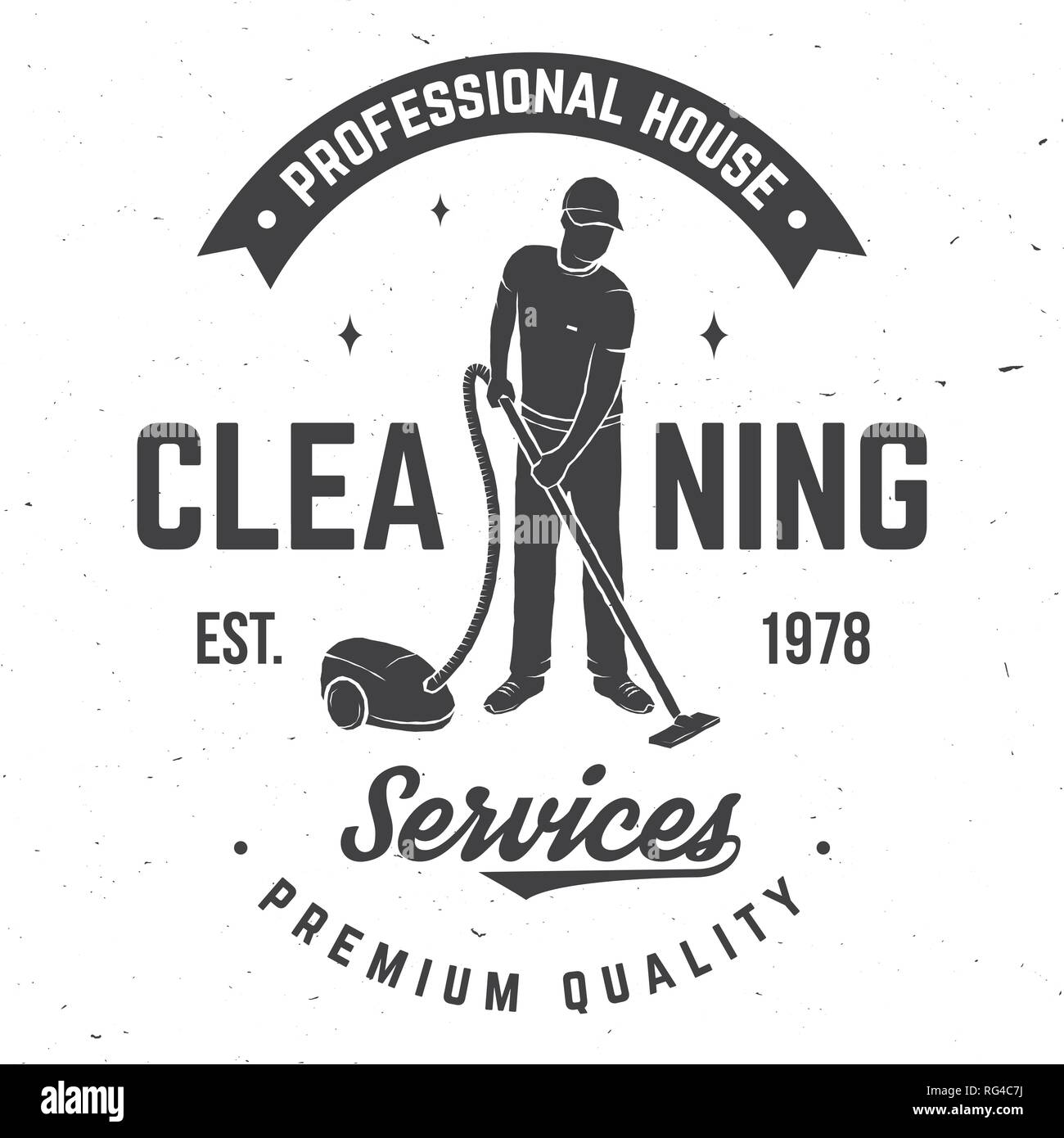 Cleaning company badge, emblem. Vector illustration. Concept for shirt, print, stamp or tee. Vintage typography design with man and Vacuum Cleaner. Cleaning service sign for company related business Stock Vector