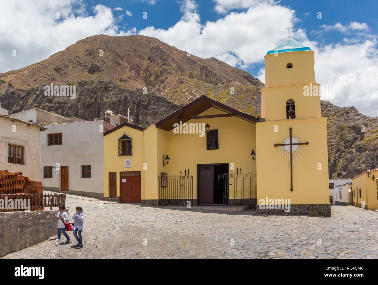 Yellow church in indigenous Andes village Iruya, Argentina Stock Photo