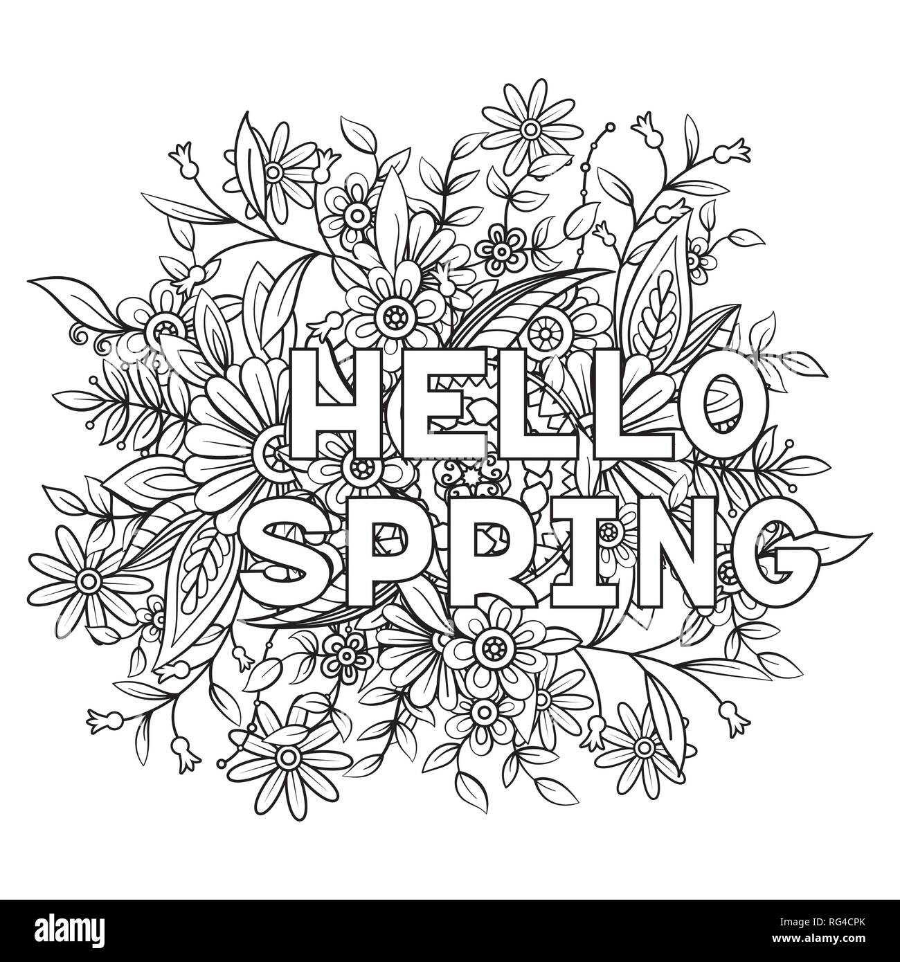 Hello spring coloring page with beautiful flowers. Black and white ...