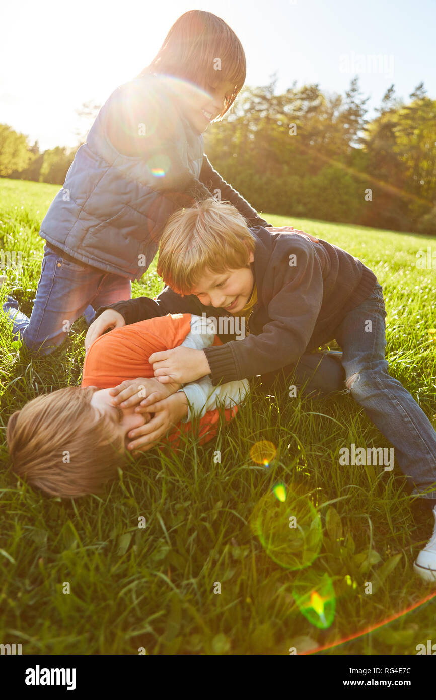 Three children romp around in a meadow and laugh and tickle each other Stock Photo