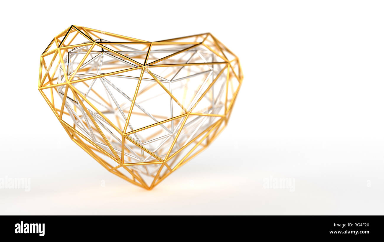 Golden polygonal heart of mesh on a white background Stock Photo