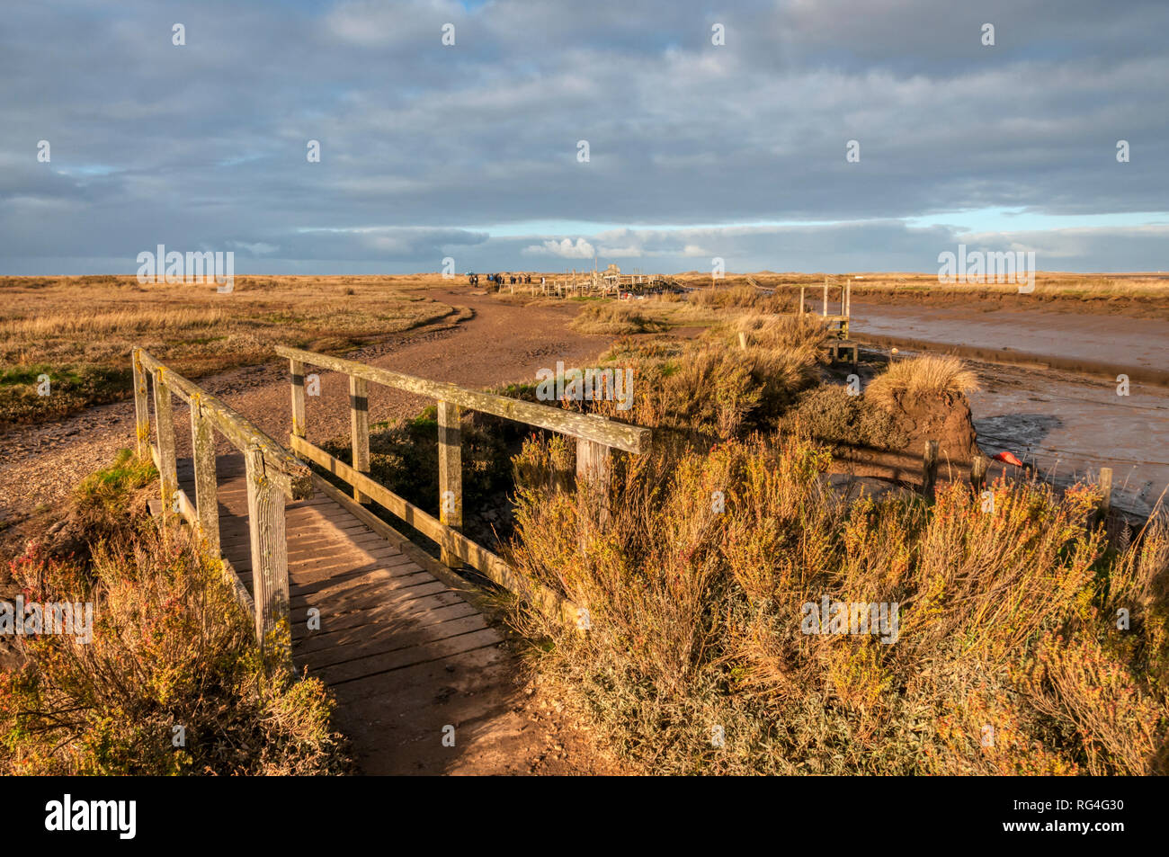 Morston Creek in the salt marshes on the North Norfolk coast, with people waiting to board a boat for a seal watching trip. Stock Photo