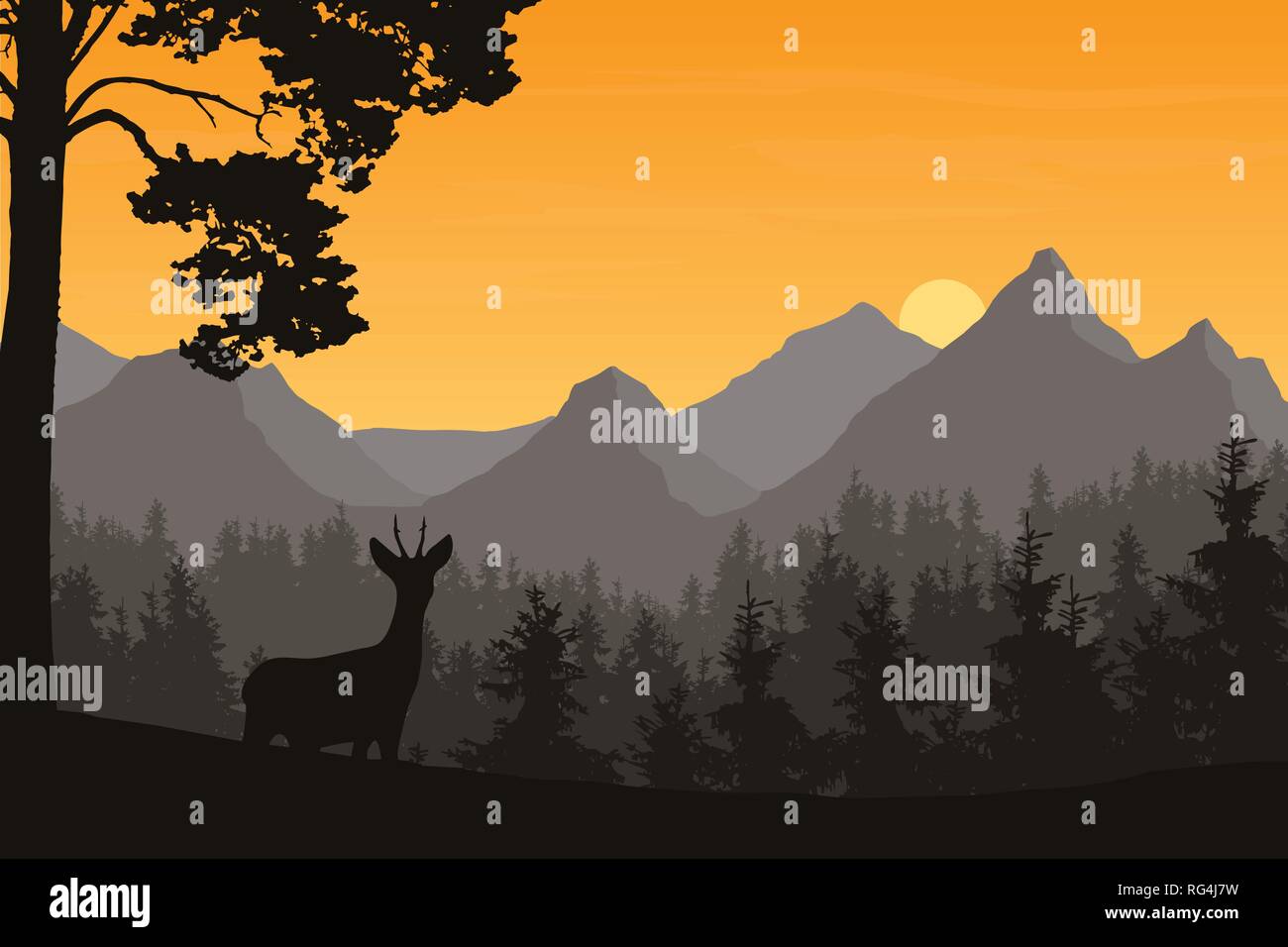 Realistic illustration of mountain landscape with coniferous forest and ...