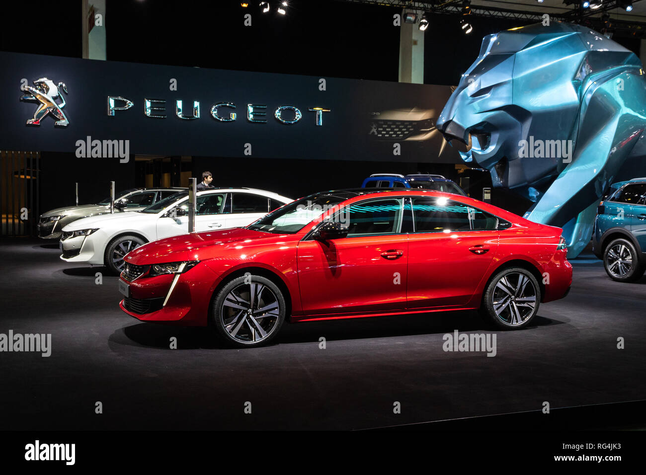 BRUSSELS - JAN 18, 2019: Peugeot 508 car showcased at the 97th Brussels Motor Show 2019 Autosalon. Stock Photo