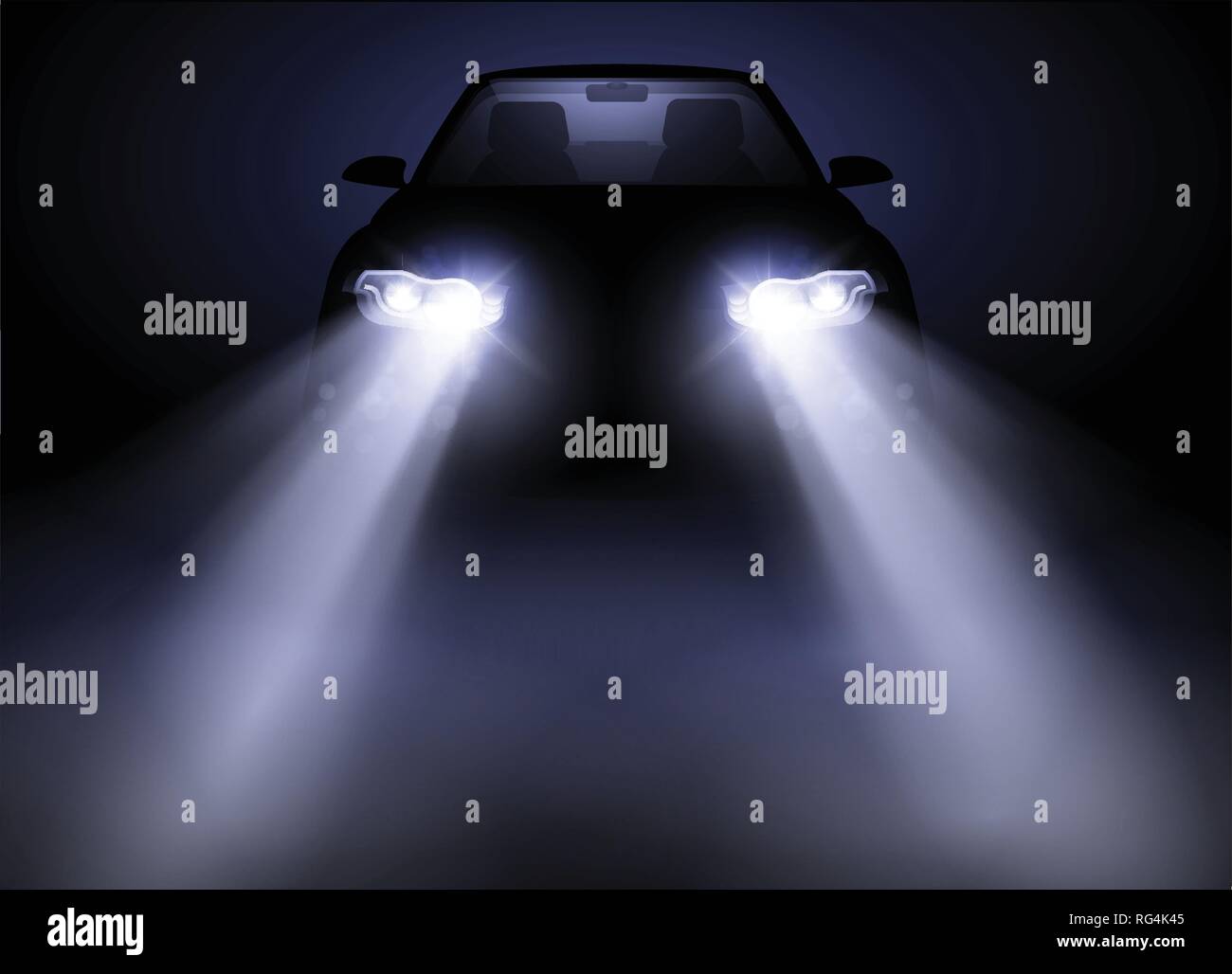 Bright and modern auto generic car headlights shining through fog at night. Vector illustration. Stock Vector