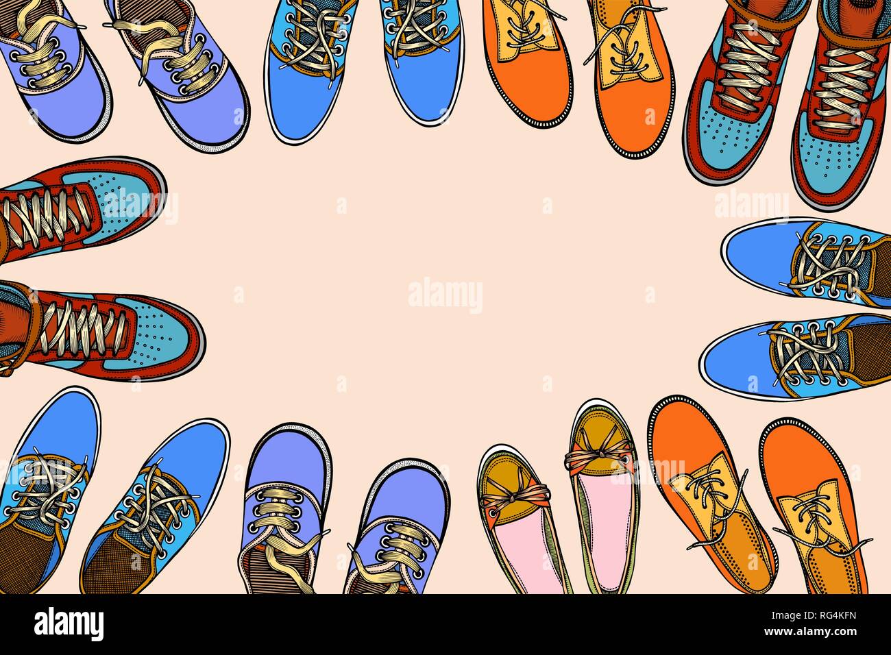 Background Of Many Sports Shoes Lined Up In A Circle With Free Space For Text Hand Drawn Vector Illustration On A White Background In A Sketch Style Stock Vector Image Art