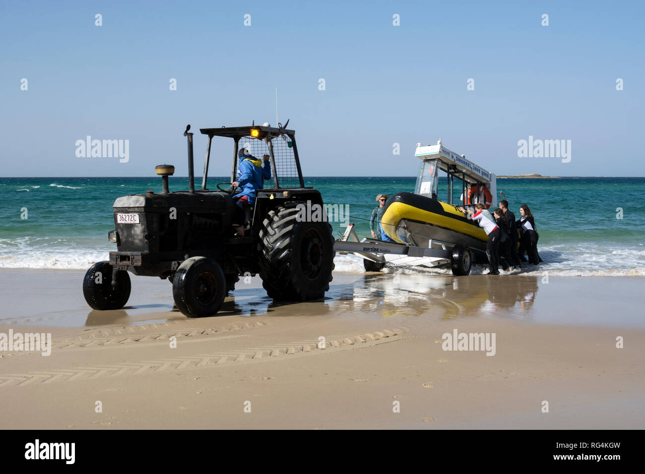 Dive boat returning from trip at Home Beach, Point Lookout, North Stradbroke Island, Queensland, Australia Stock Photo