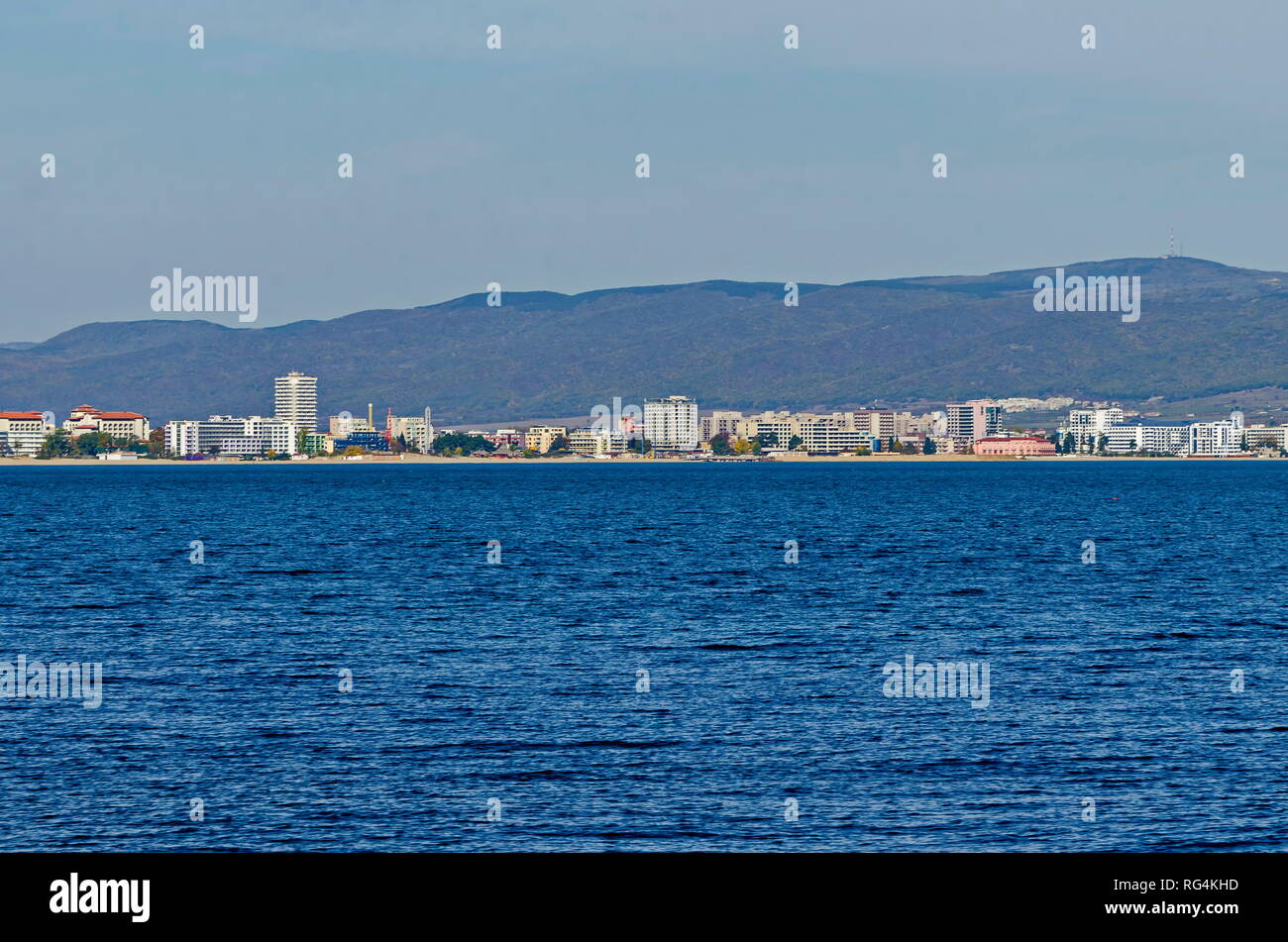 Seascape  of shore resort  on the  Black Sea near by town Nessebar toward Sunny Beach and mountain Balkan, Bulgaria, Europe Stock Photo