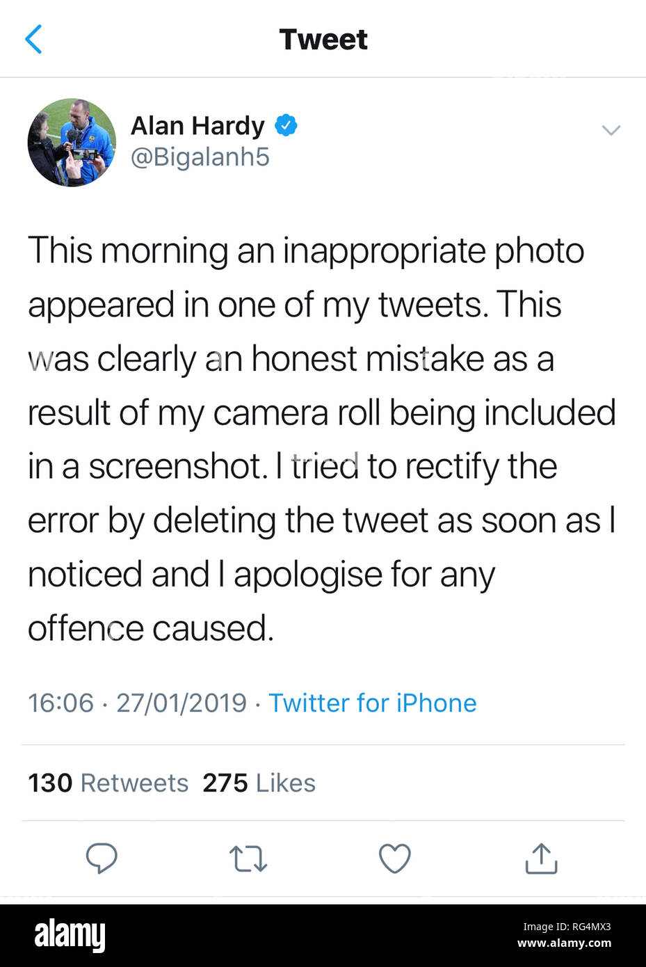 Nottingham, U.K. 27th January 2019, Notts County chairman and owner, Alan Hardy, tweets an apology after accidently tweeting an intimate image from his personal Twitter account. Mr Hardy has been owner and chairman of the World's oldest football league club since 2017. Credit: Mark Richardson/Alamy Live News Stock Photo
