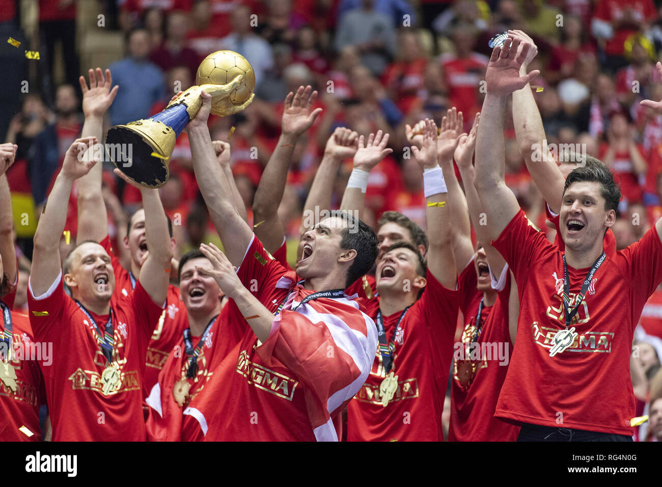 Herning, Denmark. 27th Jan, 2019. Rasmus Lauge (11), Denmark holding the  trophy after winning the final in the IHF Mens Handball World Championship  2019 Final between Norway and Denmark in Jyske Bank