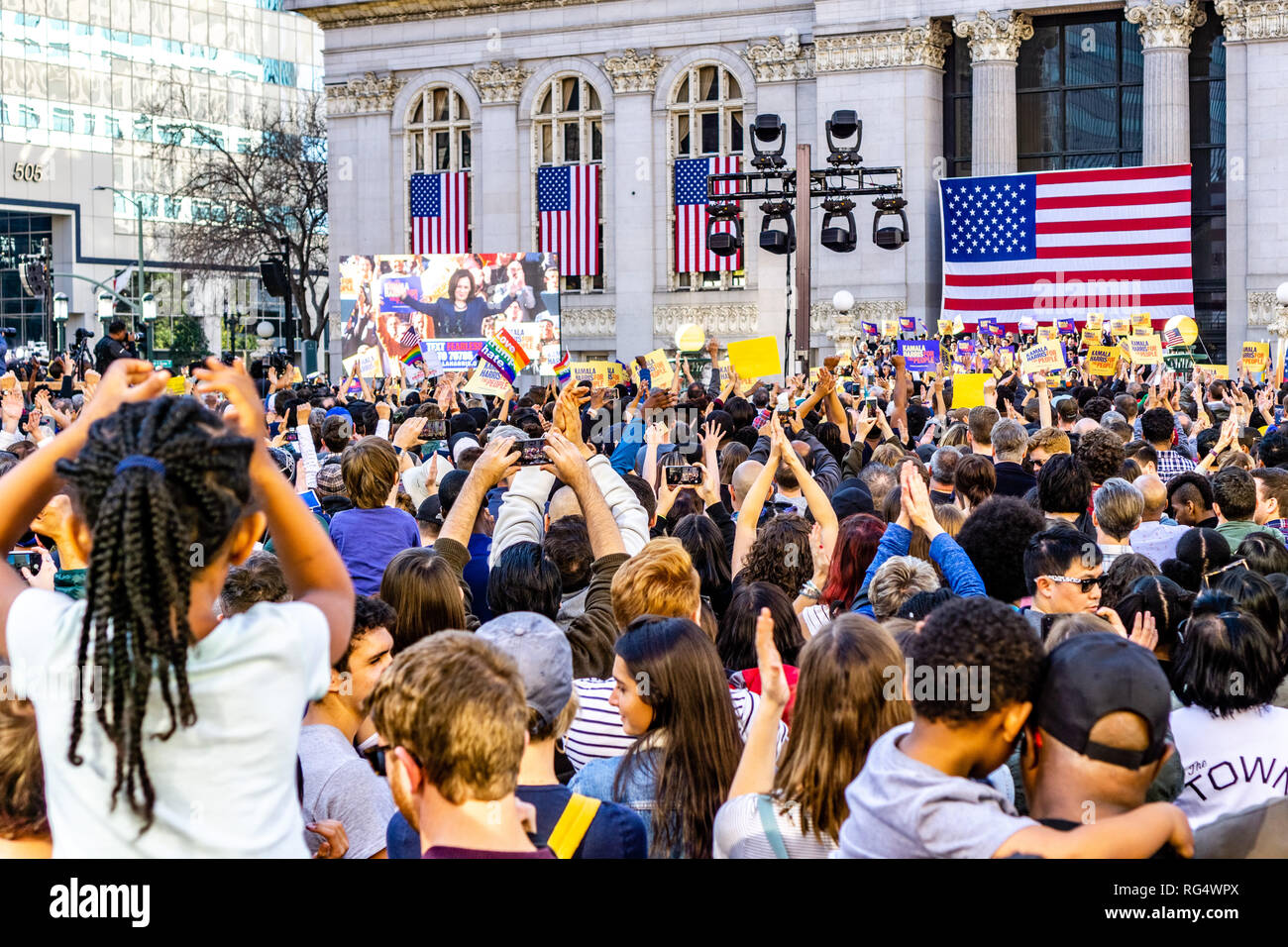 Oakland, California, USA. 27th Jan 2019. People attending Kamala Harris for President Campaign Launch Rally held in Frank H Ogawa Plaza in downtown Oakland Credit: Andrei Stanescu/Alamy Live News Stock Photo