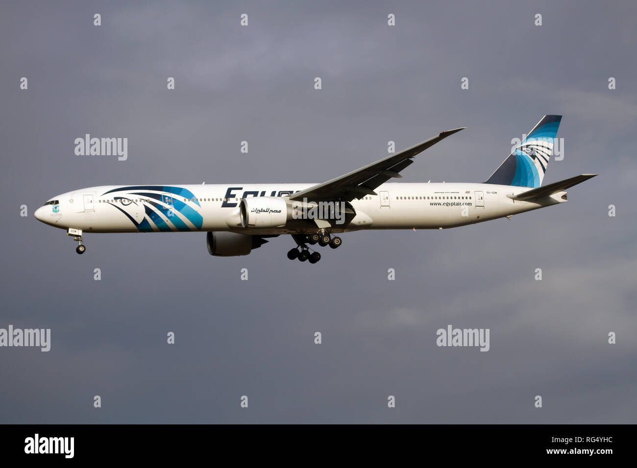 An EgyptAir Boeing 777-300ER landing at London Heathrow airport. Stock Photo