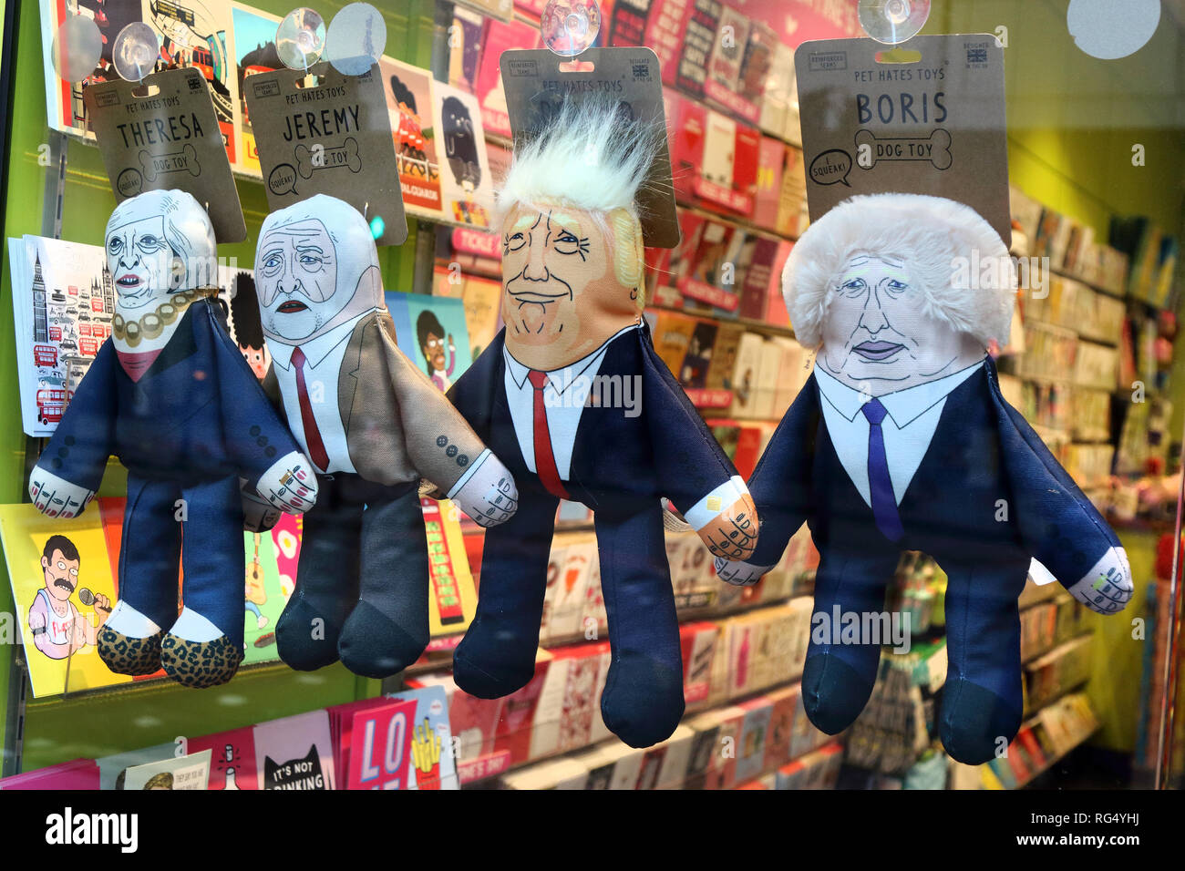 Humorous puppets of politicians are seen on sale at the London shop - Theresa May (UK Prime Minister), Jeremy Corbyn (Leader of UK Labour Party) Donald Trump (US President) and Boris Johnson (former UK Foreign Secretary and Pro Brexiteer) Stock Photo