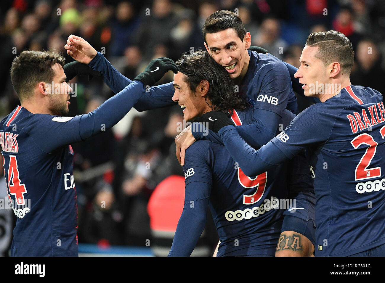 Paris, Angel Di Maria and Julian Draxler (L to R) of Paris Saint-Germain celebrate their goal during the match of French Ligue 1 2018-19 season 22nd round match between Paris Saint-Germain and Rennes in Paris. 27th Jan, 2019. Juan Bernat, Edinson Cavani, Angel Di Maria and Julian Draxler (L to R) of Paris Saint-Germain celebrate their goal during the match of French Ligue 1 2018-19 season 22nd round match between Paris Saint-Germain and Rennes in Paris, France on Jan. 27, 2019. Paris Saint-Germain won 4-1 at home. Credit: Jack Chan/Xinhua/Alamy Live News Stock Photo