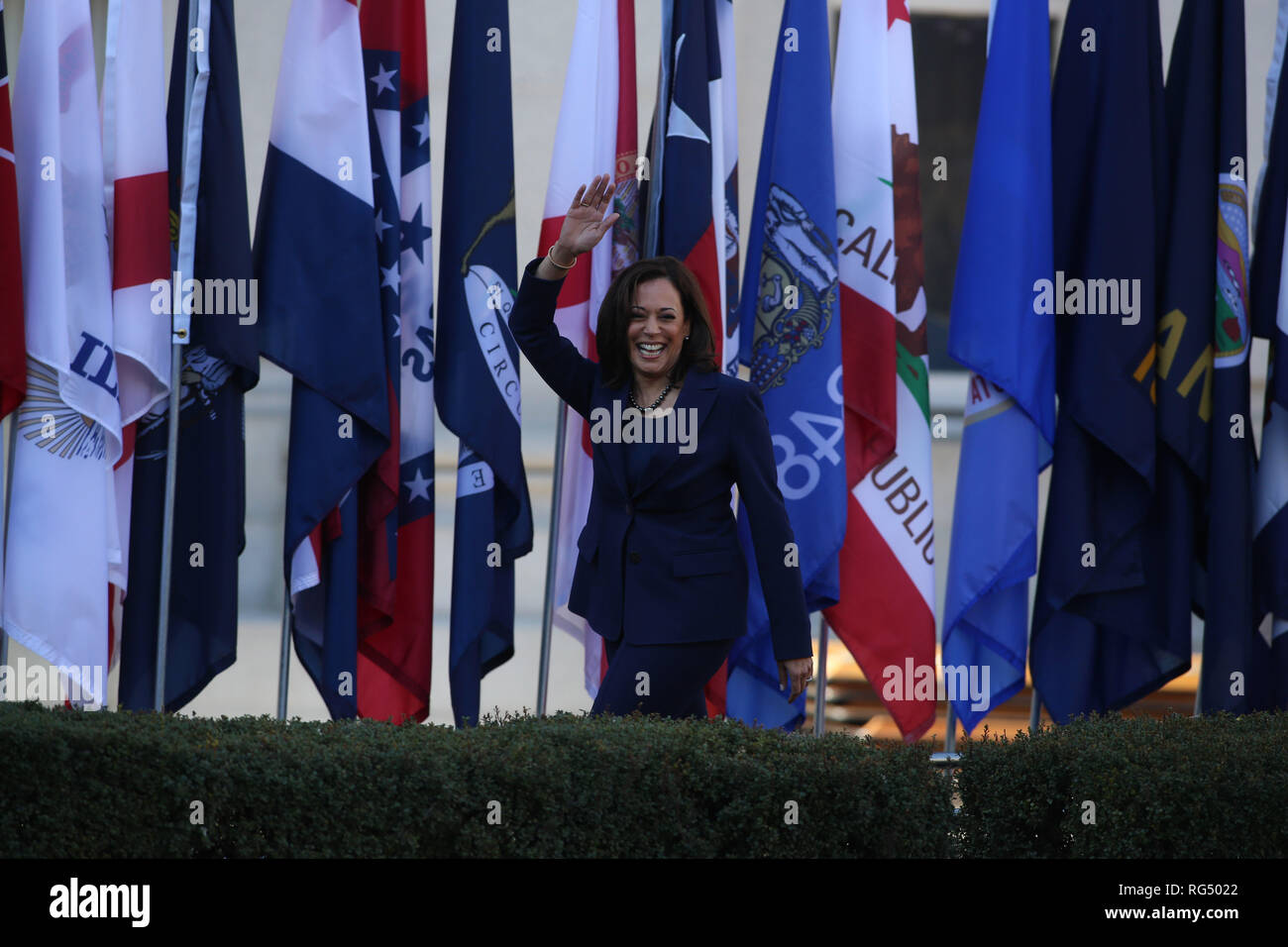 OAKLAND; CA - JAN 27: U.S. Senator Kamala Harris (D-CA) speaks to her supporters at the official launch rally for her campaign as a candidate for President of the United States in 2020 in front of Oakland City Hall at Frank H. Ogawa Plaza on January 27; 2019; in Oakland; California. Photo: Christopher Victorio/imageSPACE/MediaPunch Stock Photo