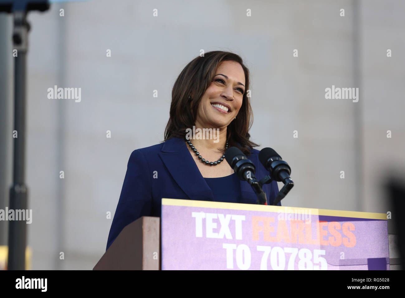 OAKLAND; CA - JAN 27: U.S. Senator Kamala Harris (D-CA) speaks to her supporters at the official launch rally for her campaign as a candidate for President of the United States in 2020 in front of Oakland City Hall at Frank H. Ogawa Plaza on January 27; 2019; in Oakland; California. Photo: Christopher Victorio/imageSPACE/MediaPunch Stock Photo