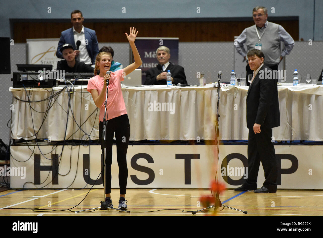 Hustopece, Czech Republic. 26th Jan, 2019. Yaroslava Mahuchikh (Ukraine) greets fans during the Hustopece Jumping indoor athletic meeting in high jump, on January 26, 2019, in Hustopece, Czech Republic. Credit: Vaclav Salek/CTK Photo/Alamy Live News Stock Photo