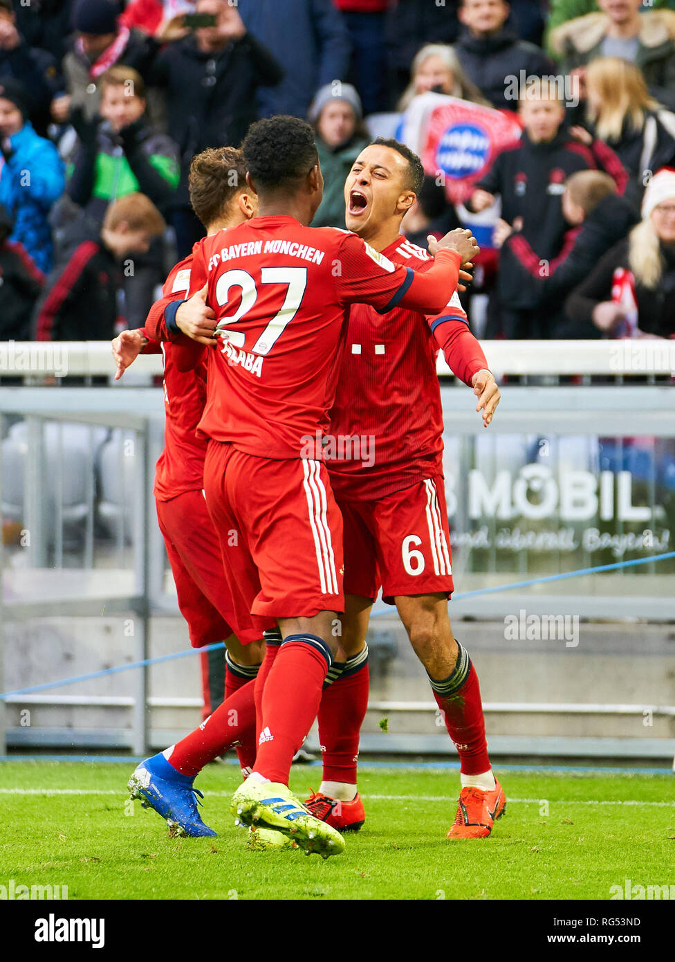 Thiago ALCANTARA, FCB 6 shoot goal for 1-0, celebrates his goal , happy,  laugh, celebration, Leon GORETZKA, FCB 18 David ALABA, FCB 27 FC BAYERN  MUNICH - VFB STUTTGART 4-1 - DFL