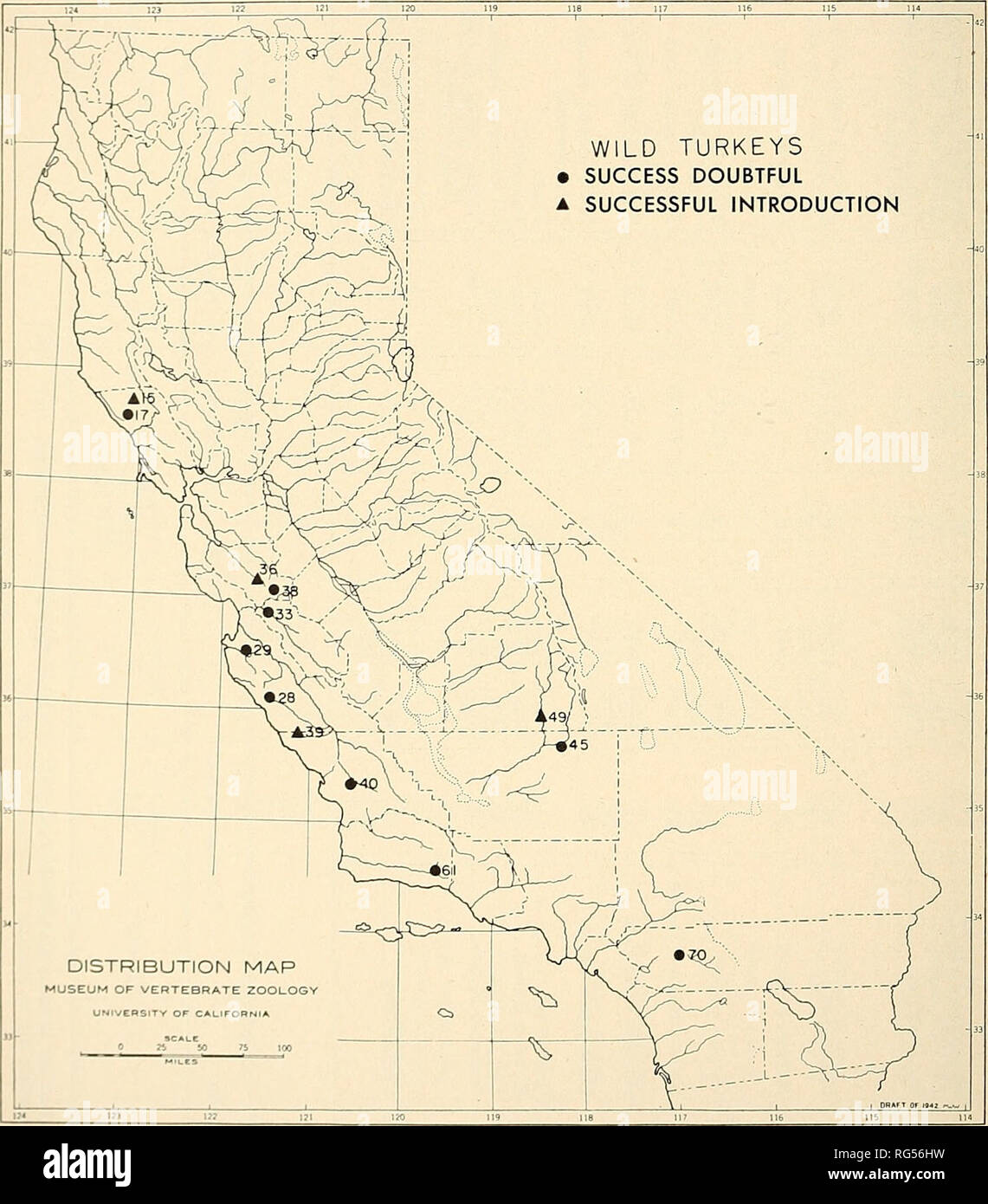 . California fish and game. Fisheries -- California; Game and game-birds -- California; Fishes -- California; Animal Population Groups; Pêches; Gibier; Poissons. 132 CALIFORNIA FISH AND GAME In those cases where turkeys are known to have survived, a popula- tion total has been arrived at after compilation of all available data. This figure has been established, in most cases, after either personal observations or interviews, and represents the approximate number noAv believed present.. FIGURE 2. Locations of four wild turkey introductions judged "successful" in 1951, and nine introdu Stock Photo