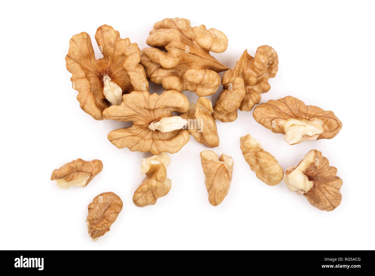 peelled Walnuts isolated on white background. Top view. Flat lay. Stock Photo