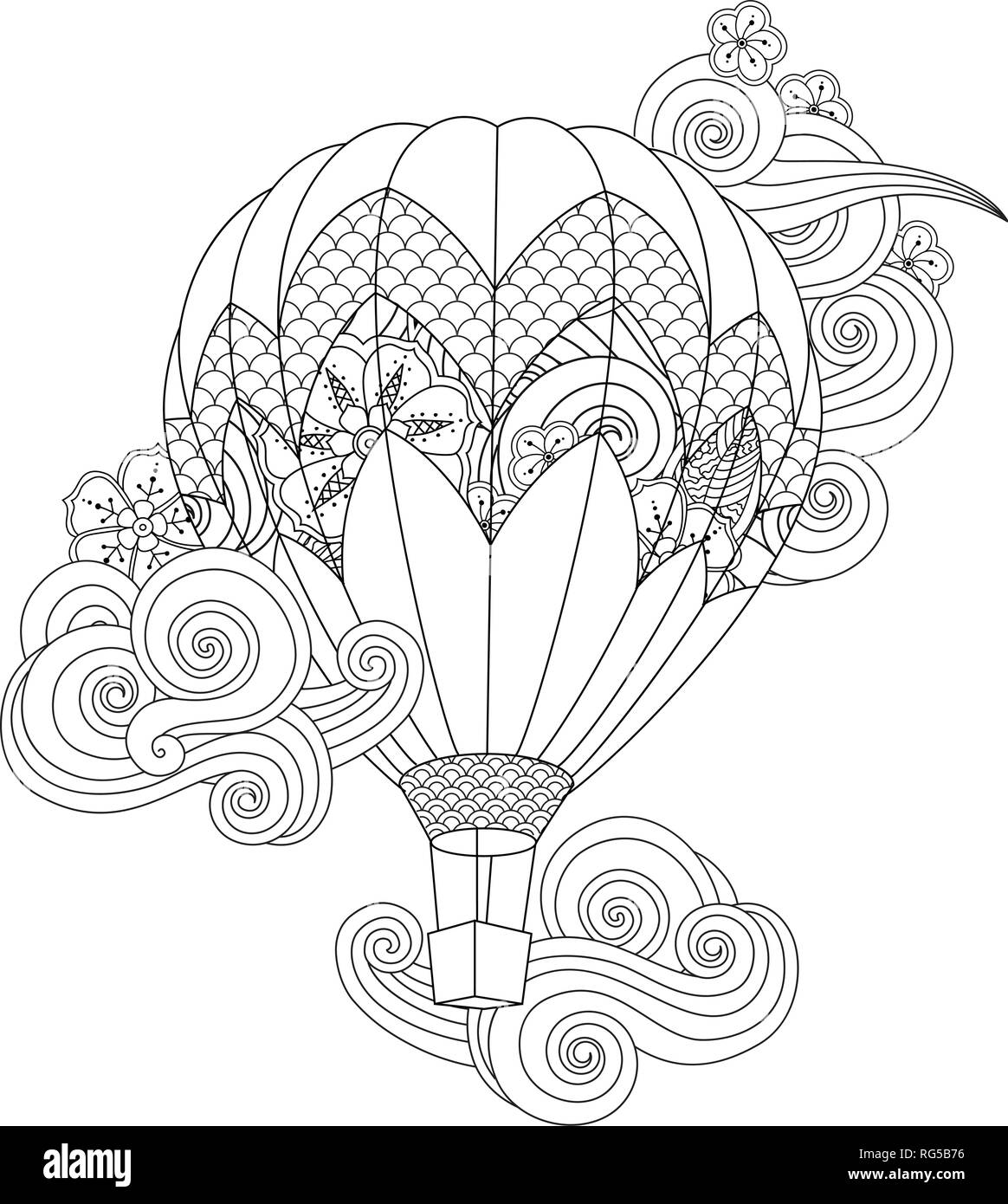hot air balloon in zentangle inspired doodle style isolated on white. Coloring book page for adult and older children. Stock Vector