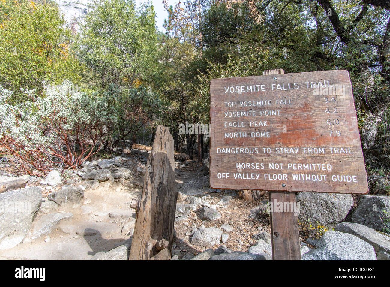 Yosemite National Park Trail Sign Indicating Distances Stock Photo Alamy