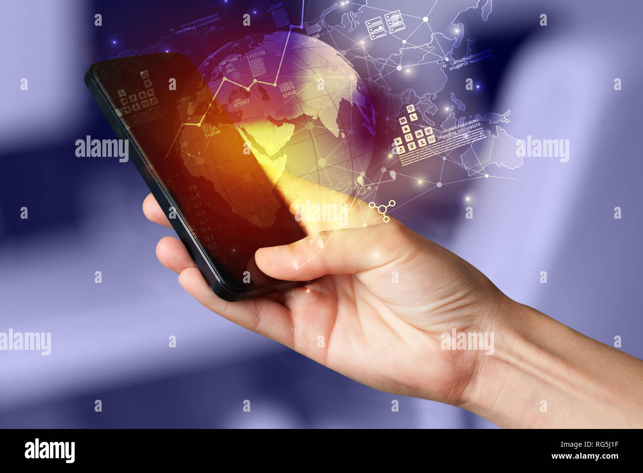 Hand using phone with global reports and stock market change concept  Stock Photo