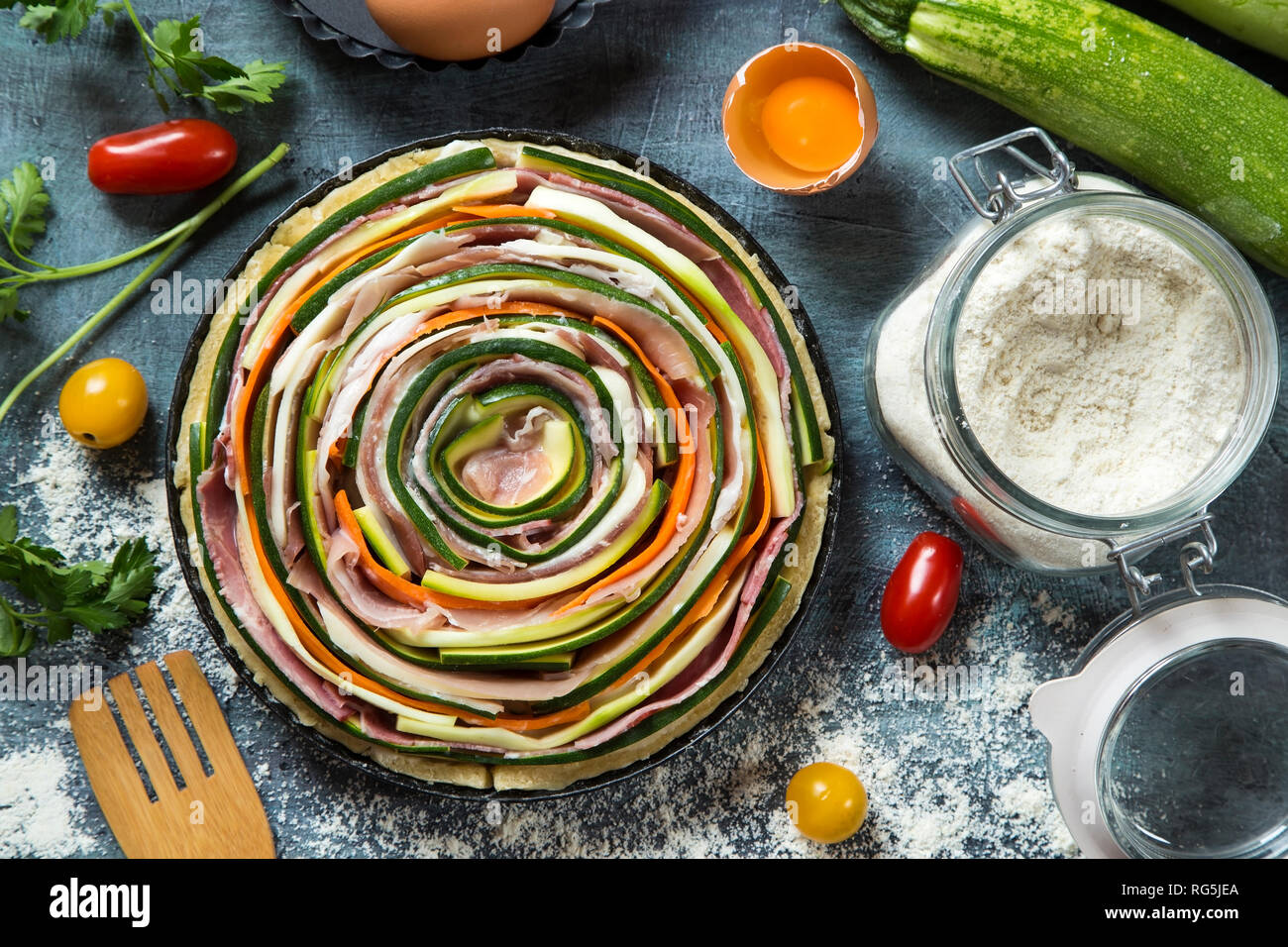 Vegetable and prosciutto pie with the ingredients Stock Photo Alamy