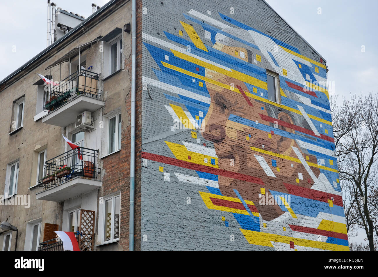 Mural of Pope John Paul II on the side of a house in Praga, east Warsaw, Poland, November 2018 Stock Photo
