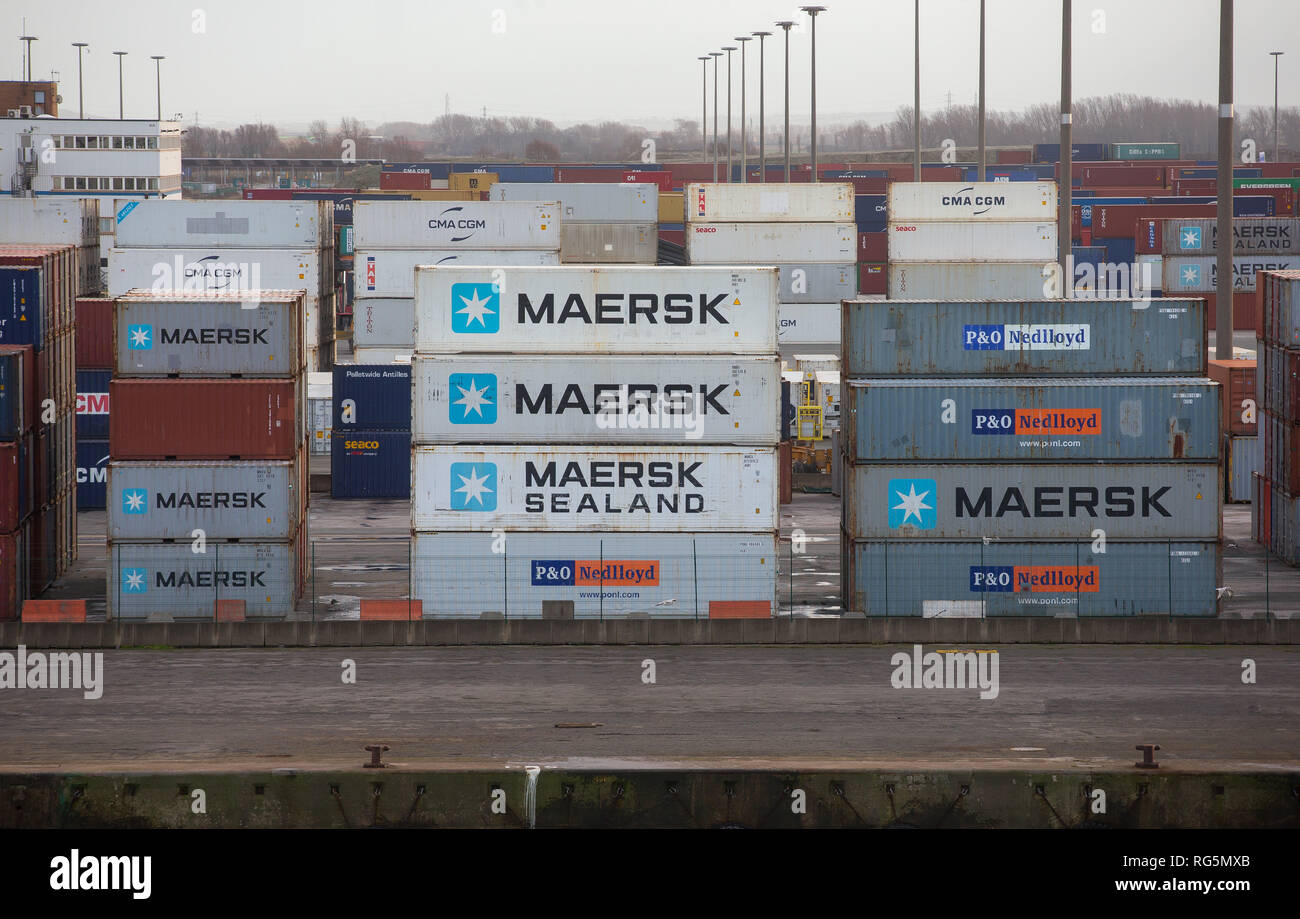 Shipping Containers on the dock side at the port of Dunkirk, France. Stock Photo