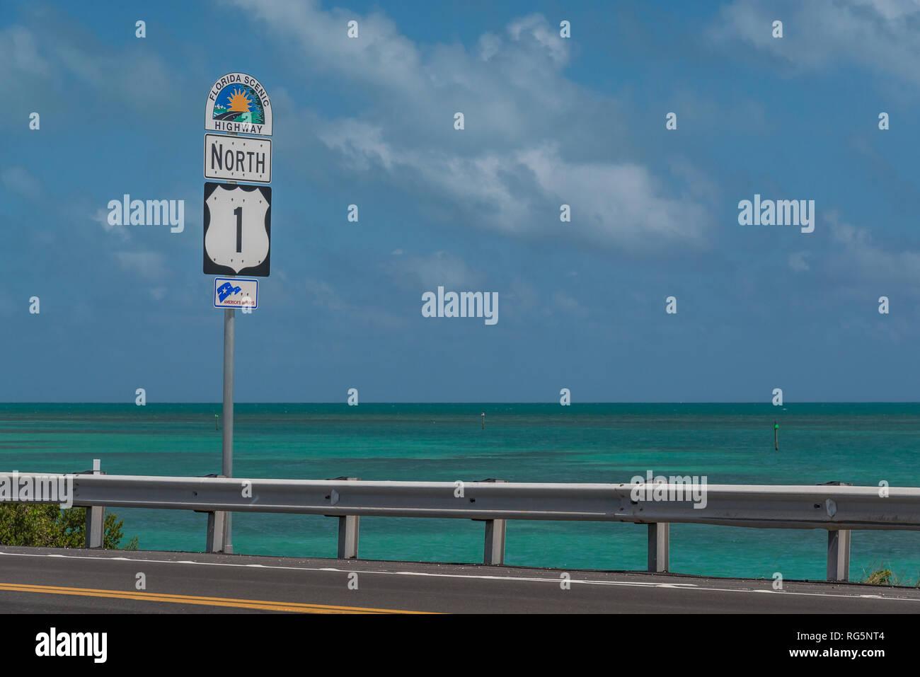 Highway road sign for Florida Scenic Highway North 1, the Overseas Highway to the Florida Keys, with sea and sky in the background. Stock Photo