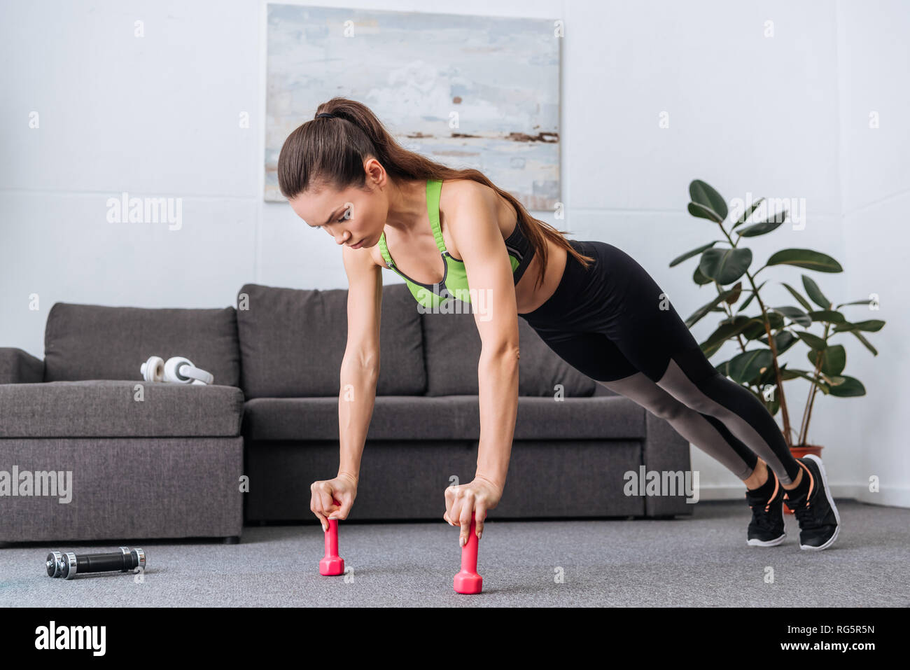 focused sportswoman doing push ups with dumbbells at home Stock Photo ...