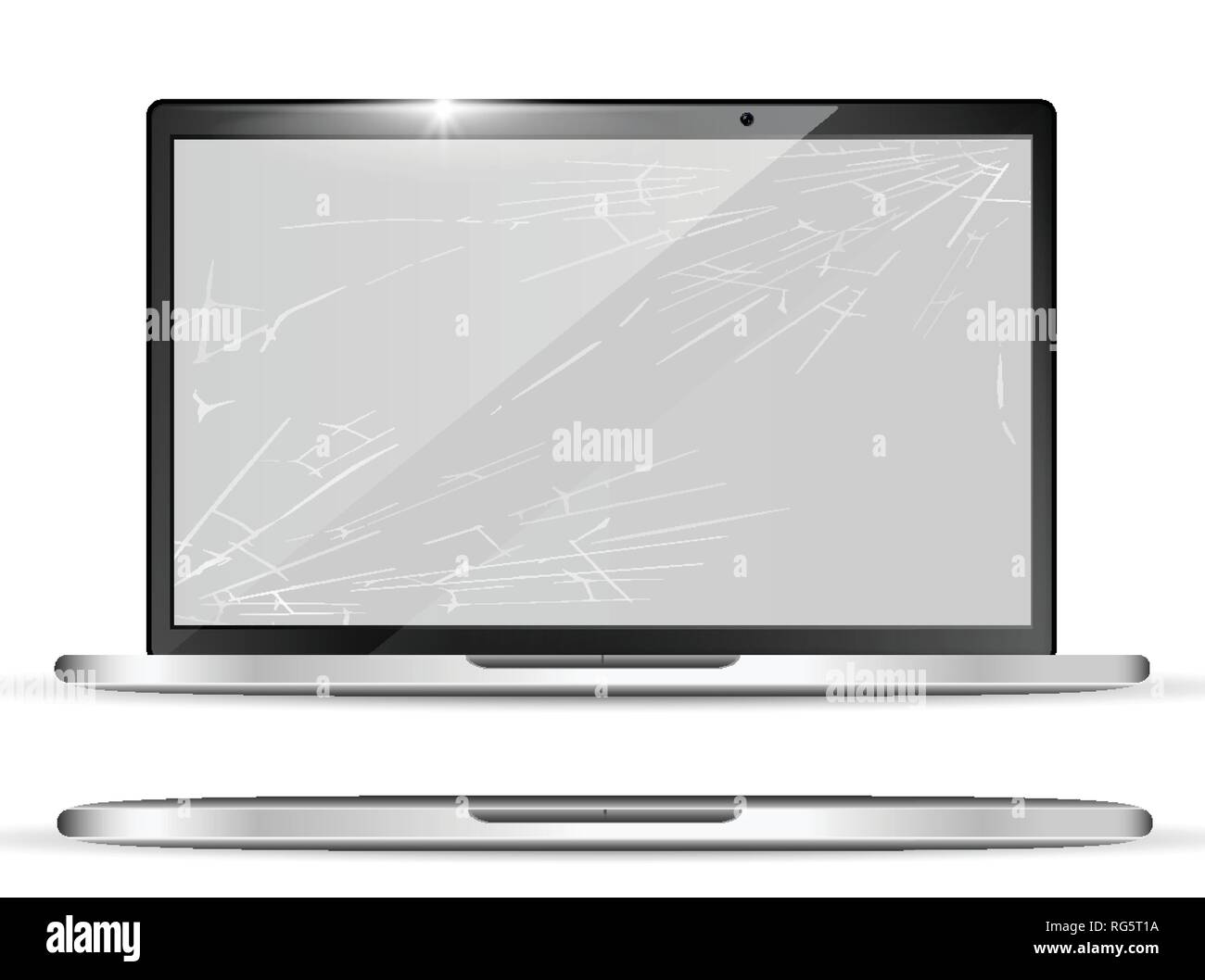 3d realistic broken screen notebook with cracks on display. Shattered