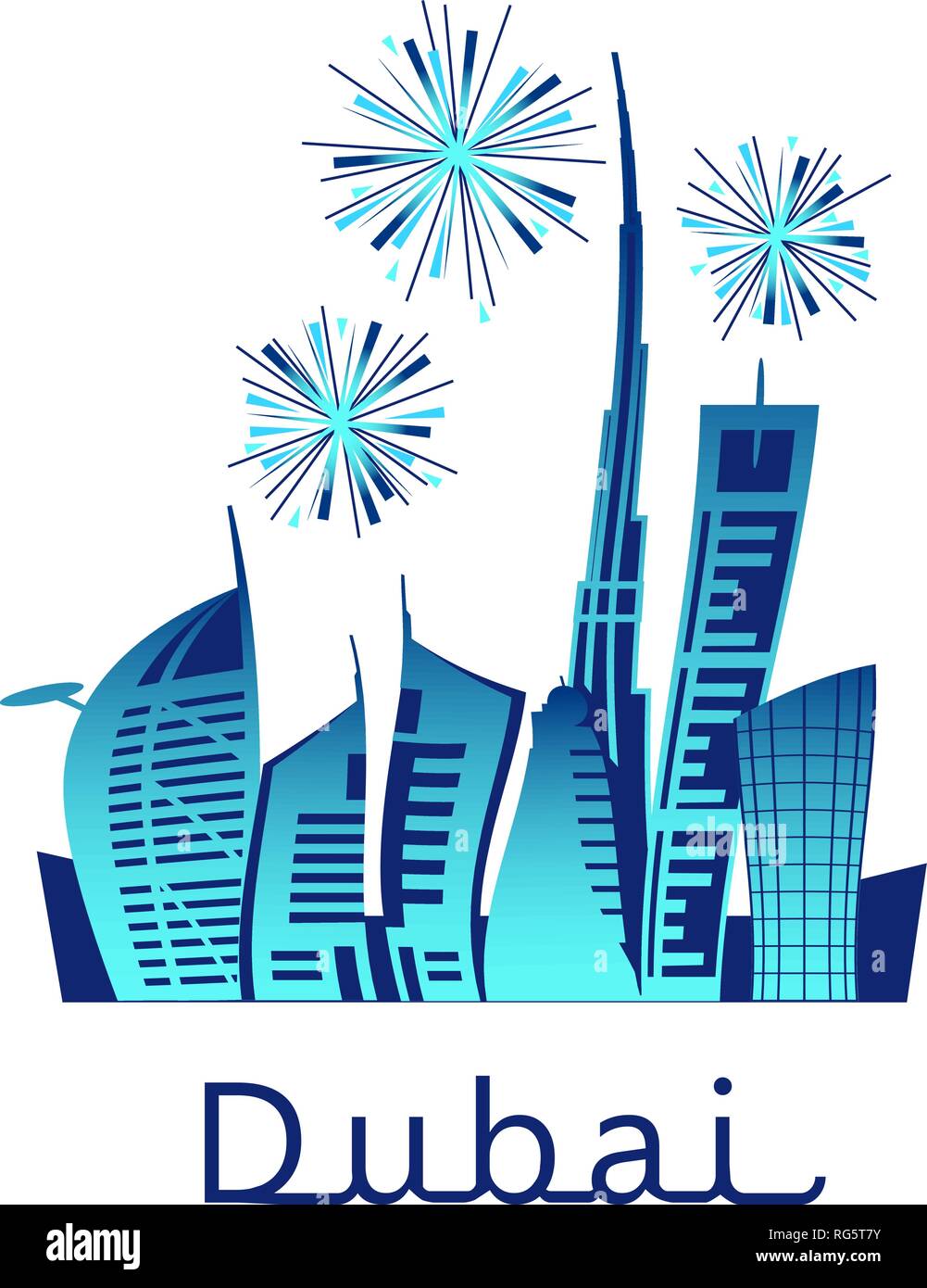 Dubai cityscape with skyscrapers and landmarks and colorful fireworks in the sky vector illustration. Holiday celebration. Pyrotechnic show explosions Stock Vector
