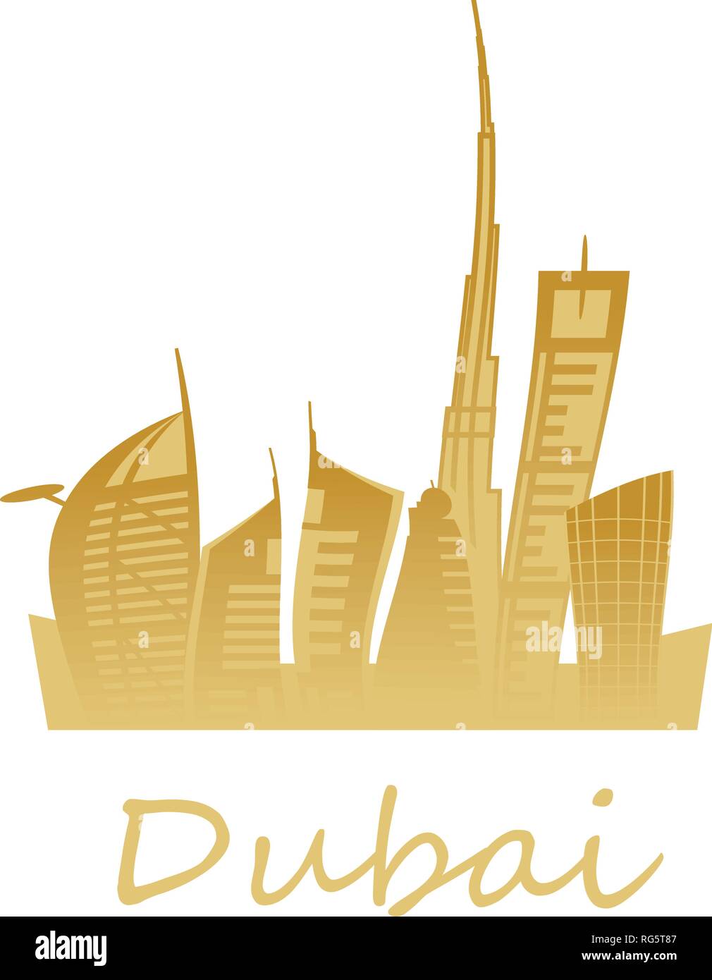 Dubai cityscape with skyscrapers and landmarks vector illustration.  Golden colors. Stock Vector