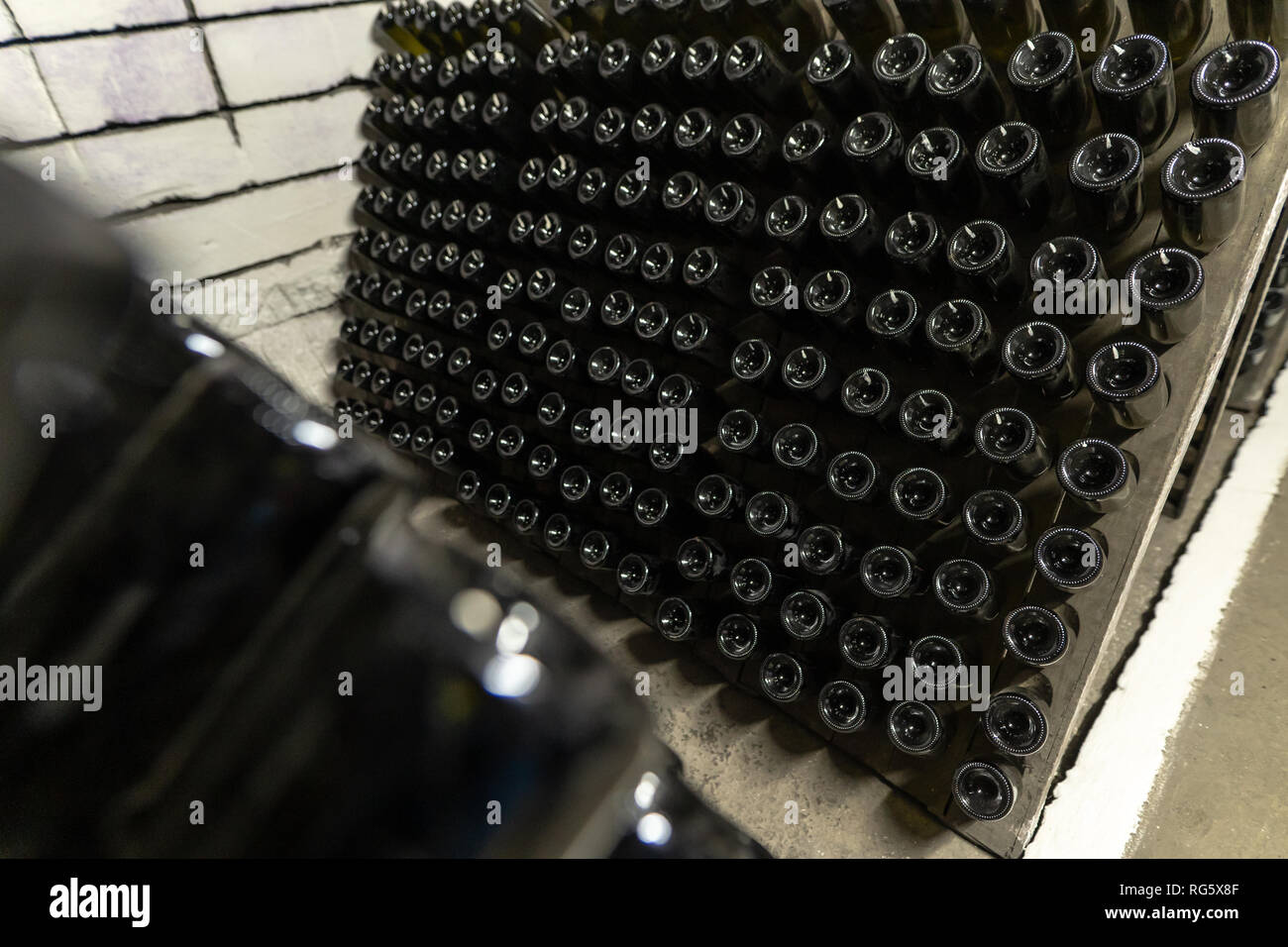 Sparkling wine bottles in the cellars of winery, sparkling wine fermenting on stands Stock Photo