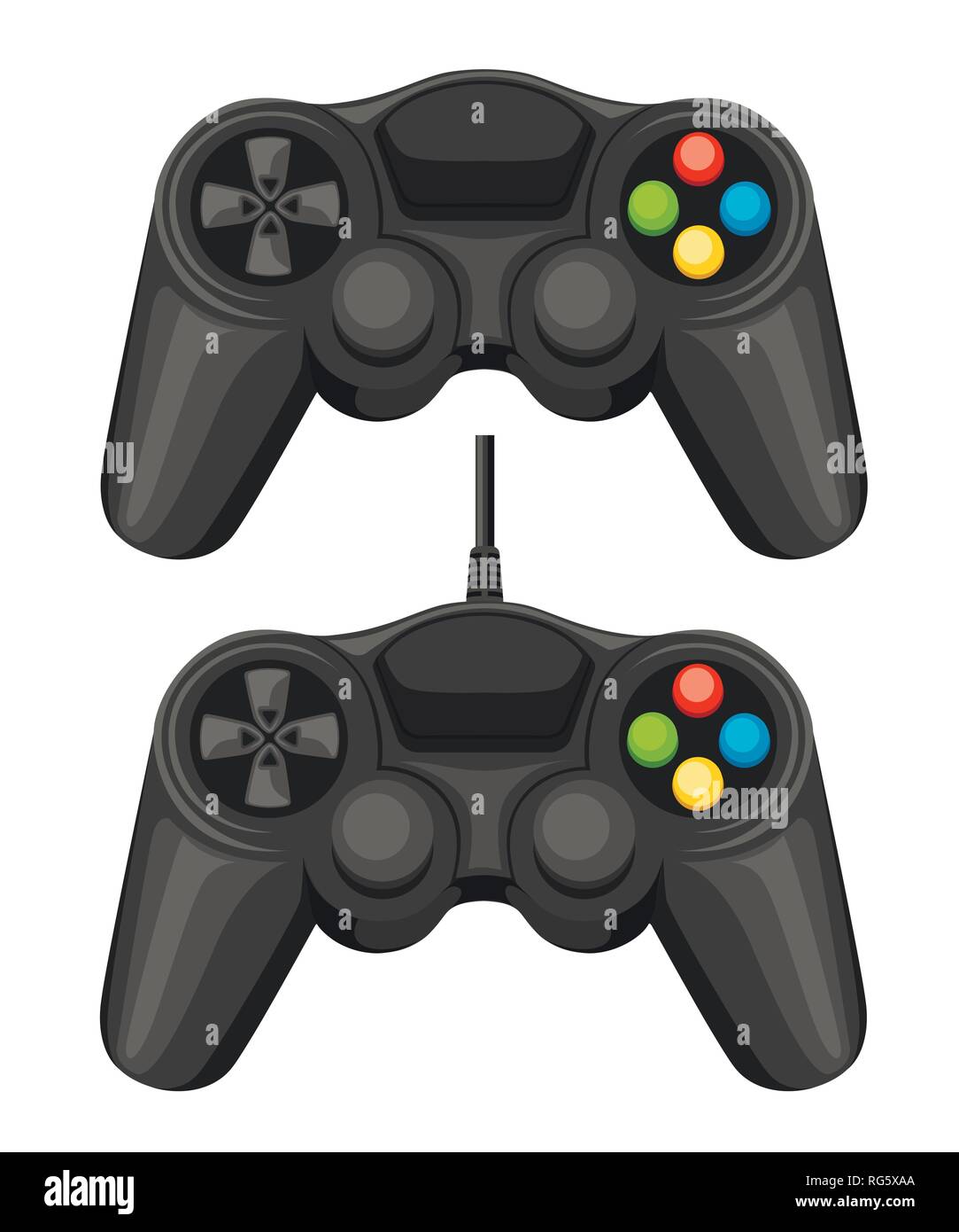 Wired and wireless game pad. Black video game controller. Gamepad for PC or Console gaming. Flat vector illustration isolated on white background. Stock Vector
