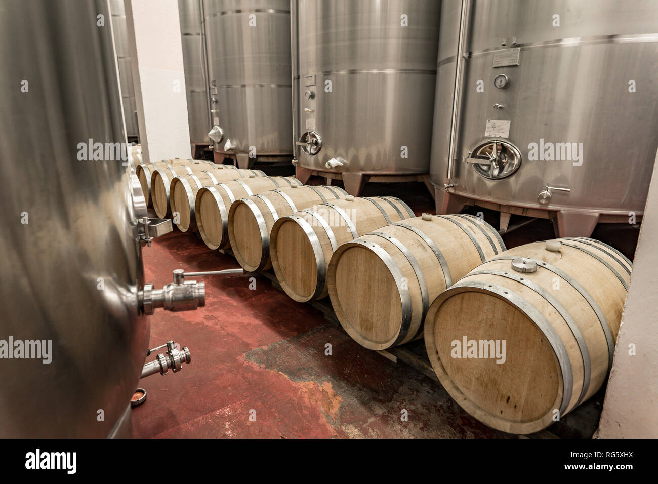 Modern winery making wine in oak barrels and aluminium tanks Stock