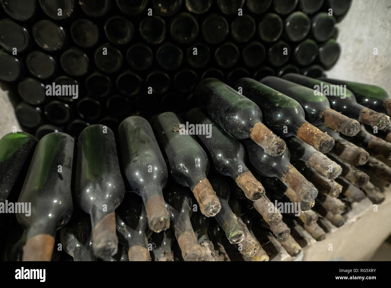 Dusty old wine bottles in an underground wine cellar Stock Photo
