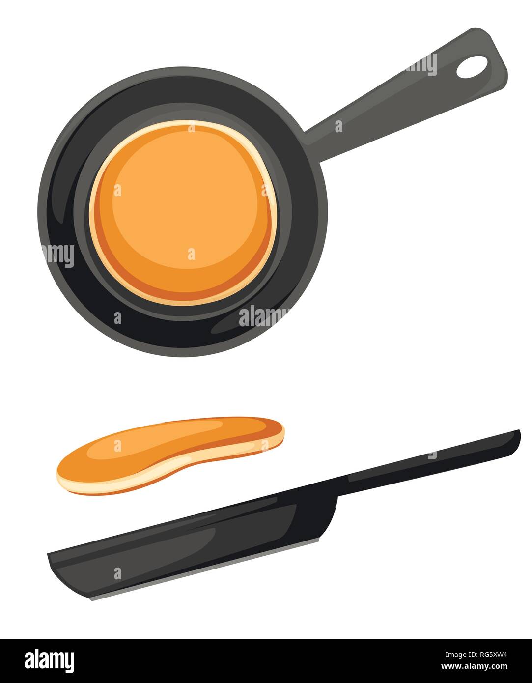 Flying pancakes and frying pan. Flat vector illustration isolated on